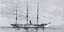 Side view of a three-masted ship with a smokestack on a flat sea.